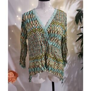 Vtg Essentials by Milano Y2K Babydoll Lace Trim Asymmetrical Crinkle Top Size XL